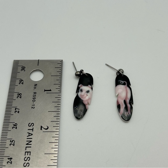 Feather Style Black Pig Fun Novelty Pierced Stud Dangle Porcelain Earrings - Picture 8 of 10